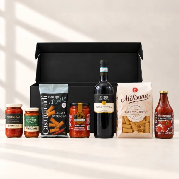 Pastabox für Zwei mit Pasta, Rotwein, Saucen und Gebäck vor einer geöffneten schwarzen Geschenkbox
